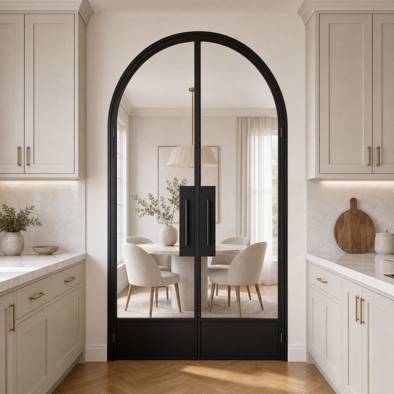 Black Arched Clear Glass Double Door with Solid Lower Panels