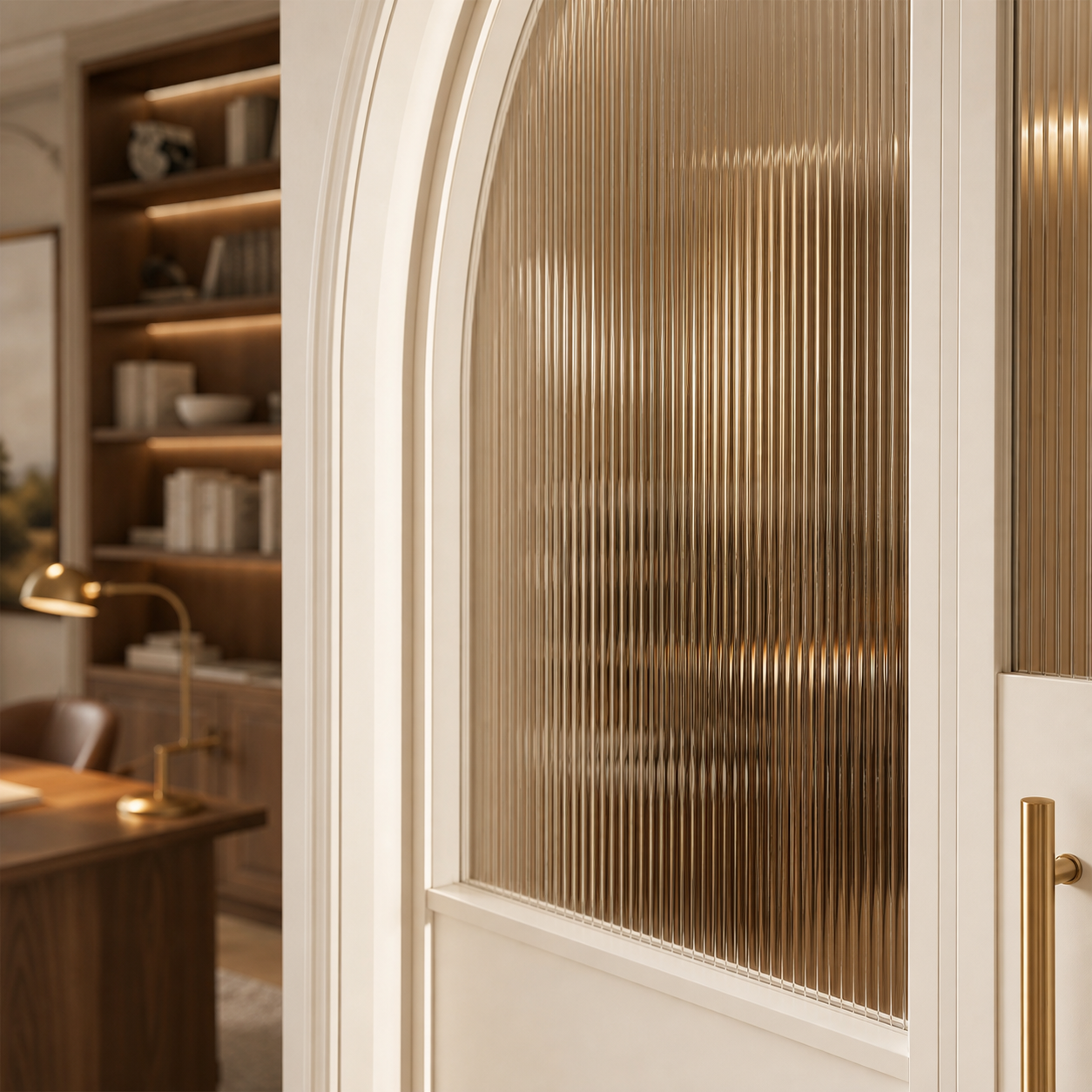White Arched Reeded Glass Double Door with Solid Lower Panels