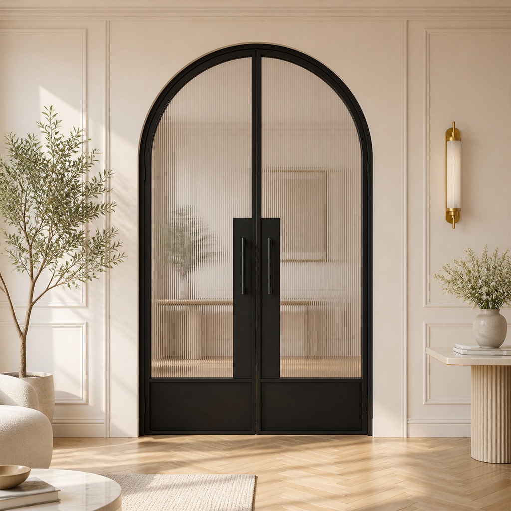 White Arched Reeded Glass Double Door with Solid Lower Panels