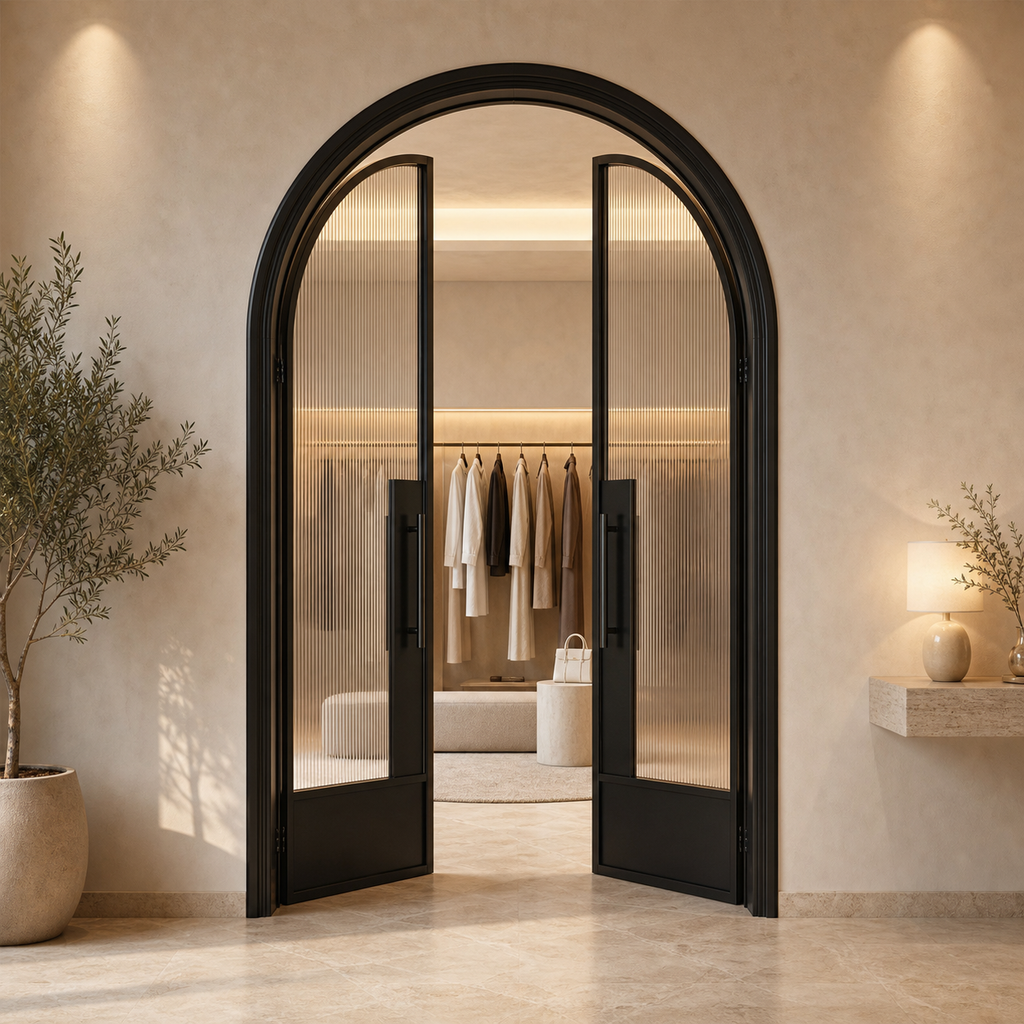 White Arched Reeded Glass Double Door with Solid Lower Panels