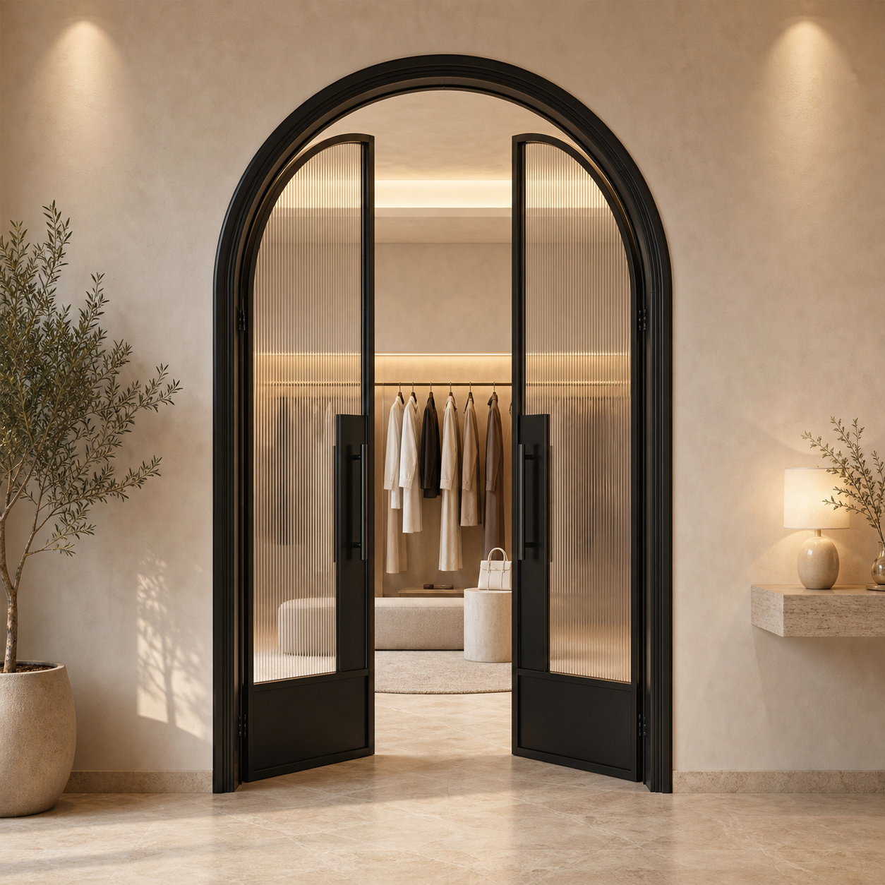 White Arched Reeded Glass Double Door with Solid Lower Panels