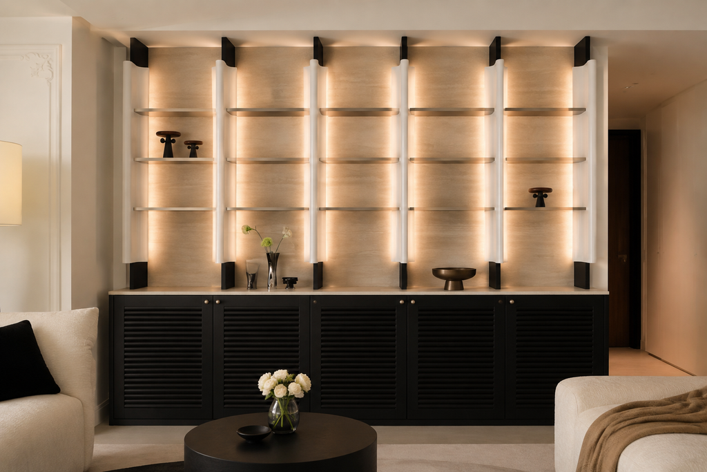 Custom Illuminated Sculptural Shelving Wall with Louvered Base Cabinet