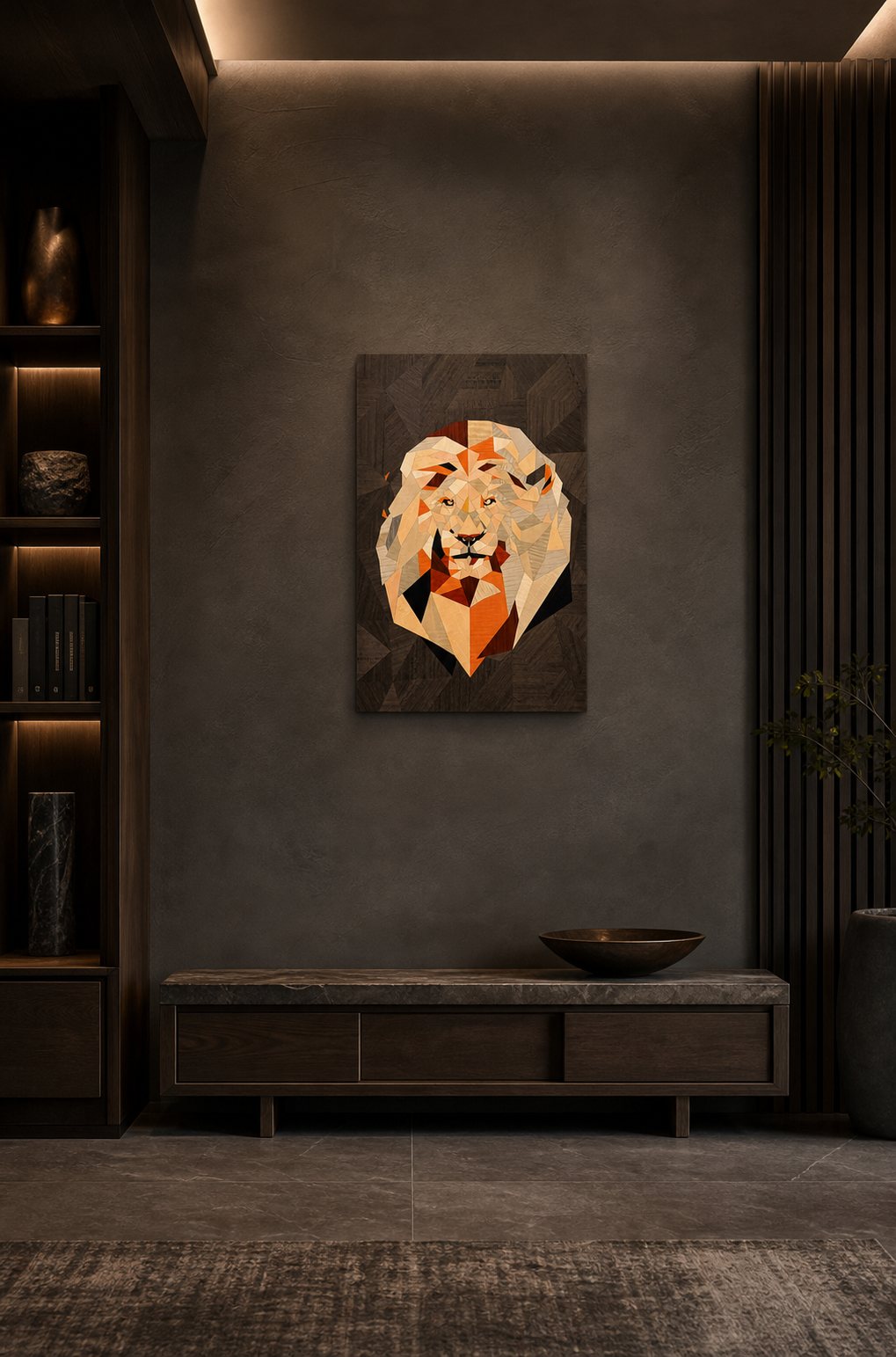 Geometric Lion Wood Veneer Wall Art