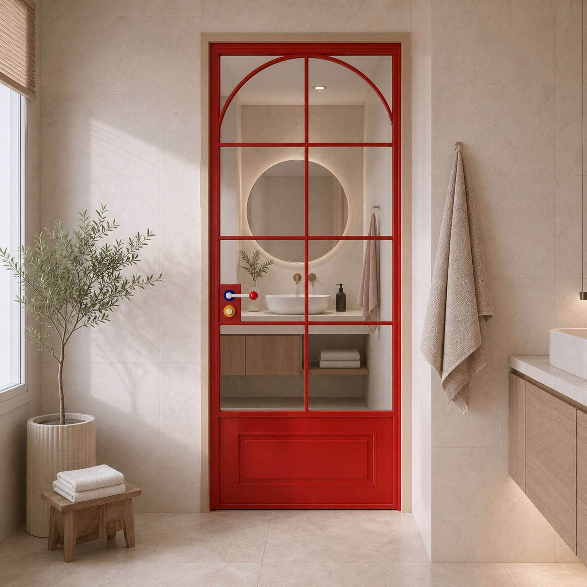 Red Arched Grid Glass Interior Door with Lower Panel