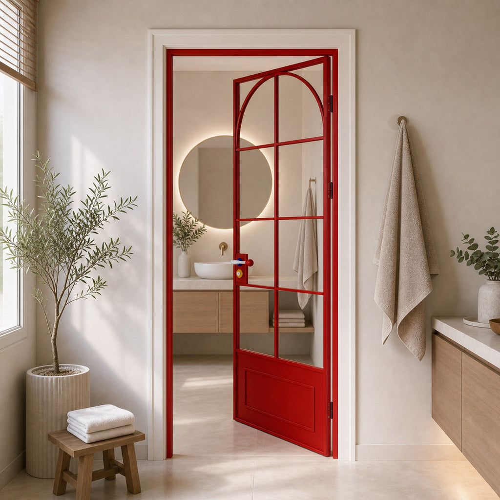 Red Arched Grid Glass Interior Door with Lower Panel