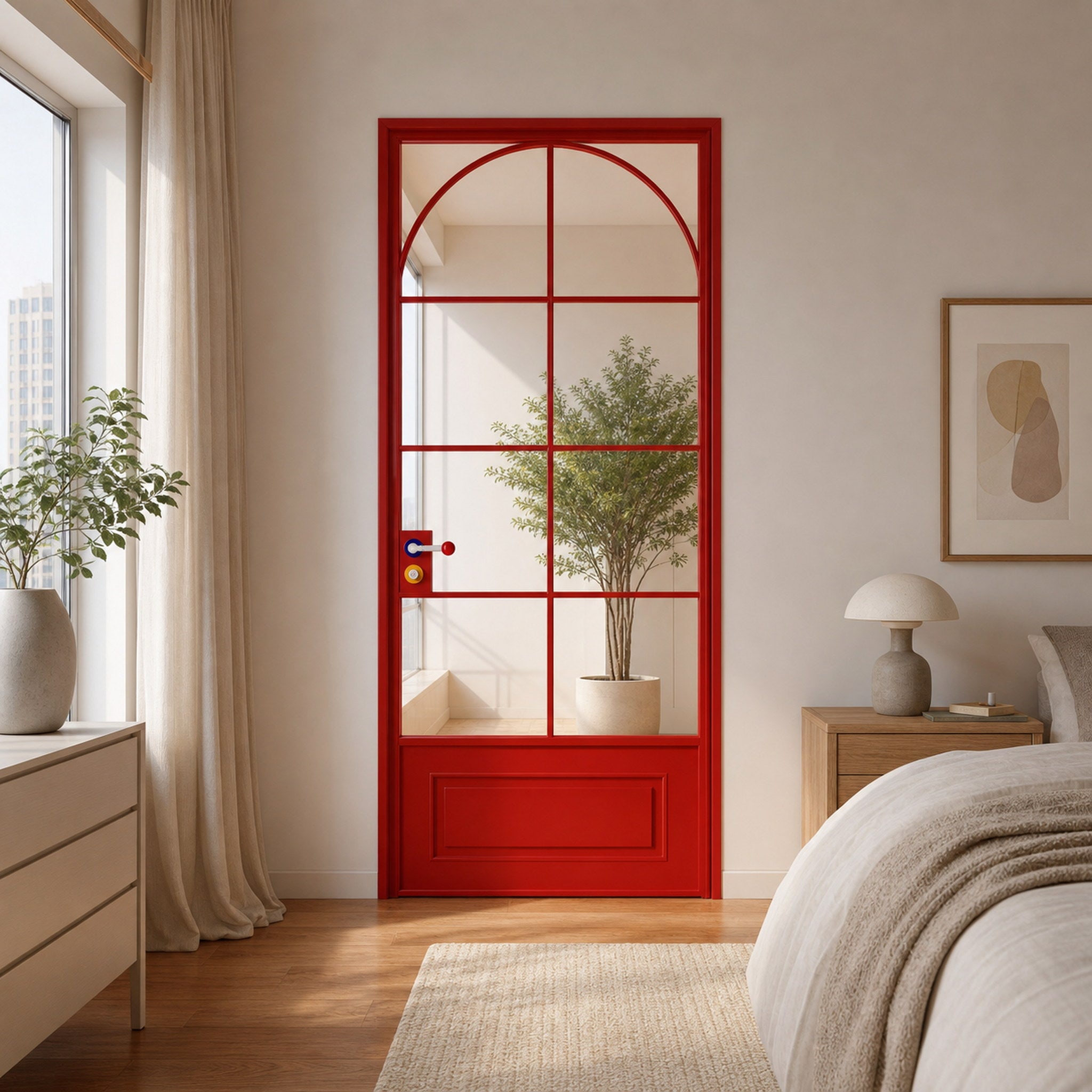 Red Arched Grid Glass Interior Door with Lower Panel