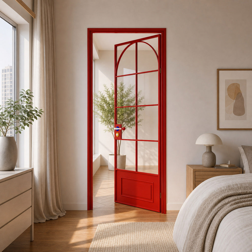 Red Arched Grid Glass Interior Door with Lower Panel