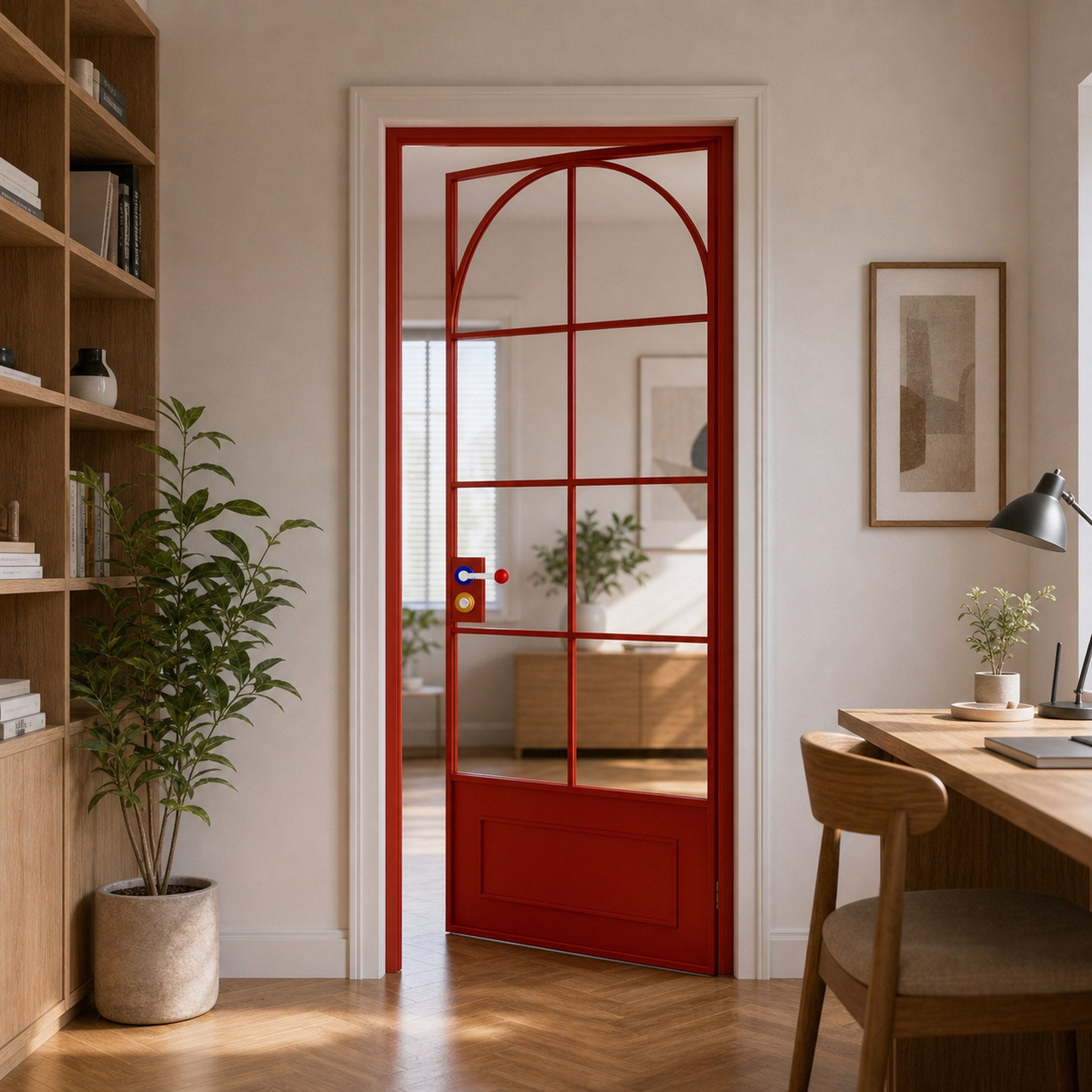 Red Arched Grid Glass Interior Door with Lower Panel