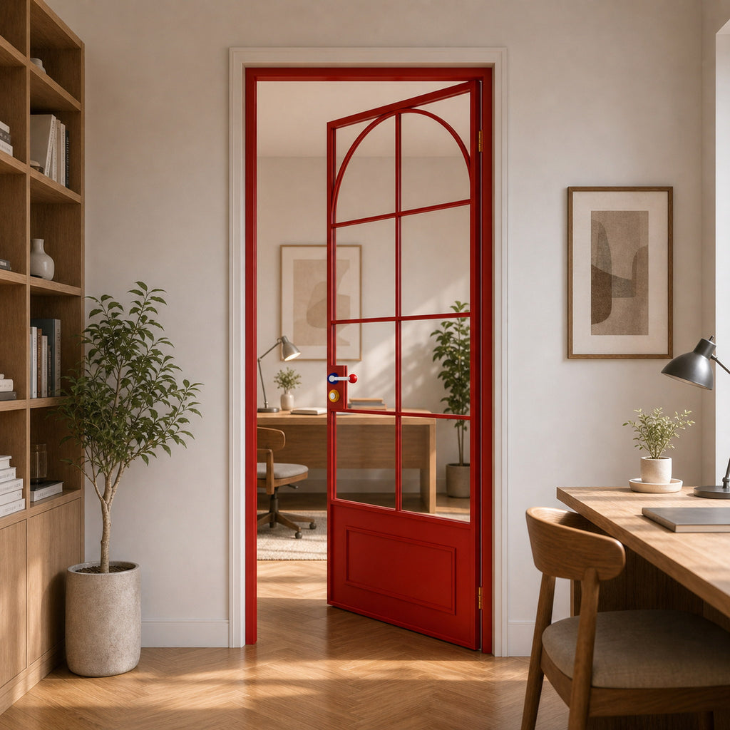 Red Arched Grid Glass Interior Door with Lower Panel