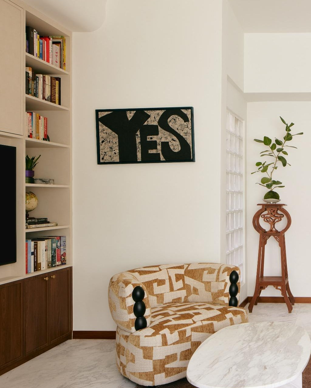 Custom Walnut & Lacquered Media Wall with Open Shelving