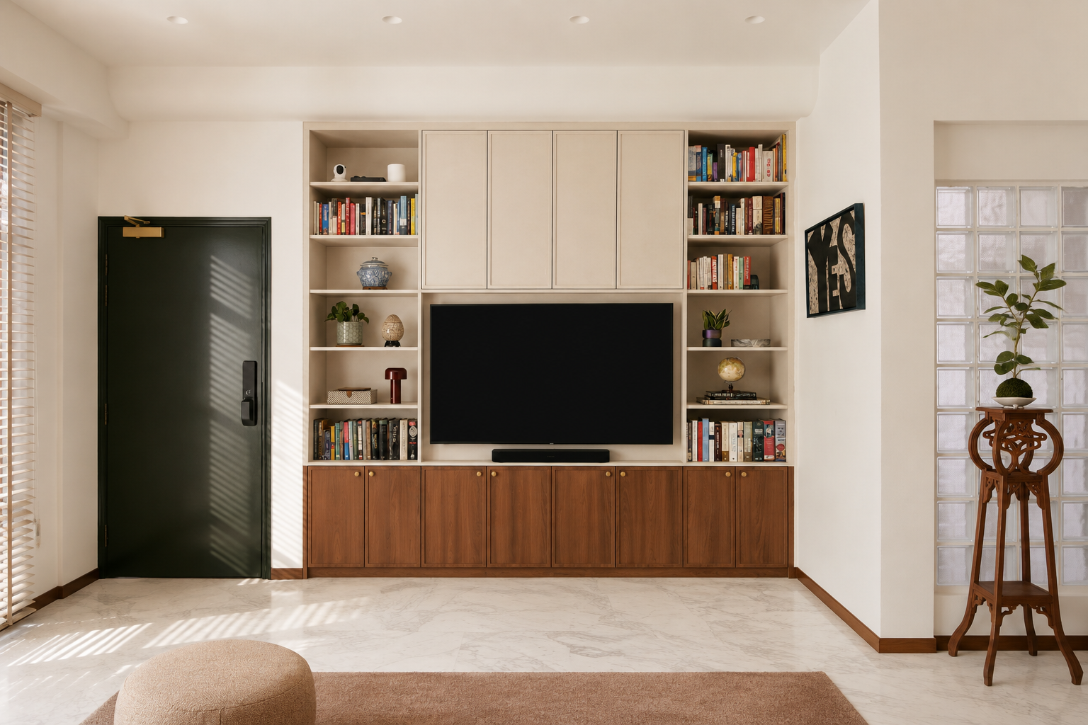 Custom Walnut & Lacquered Media Wall with Open Shelving